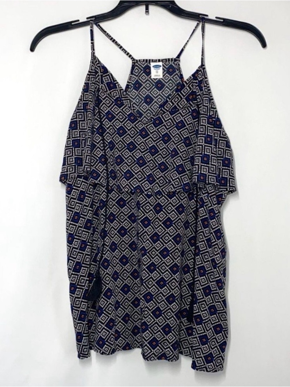 Navy Geometric Cold-Shoulder Tank Top